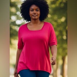 Maggie Barnes plus size 4X square neck short sleeve knit sweater red-pink new